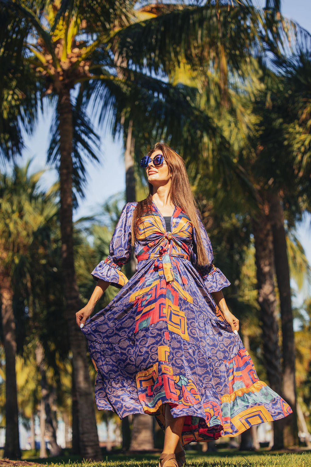 Francesca Kimono Dress/  Geo blue  Vinatge Print